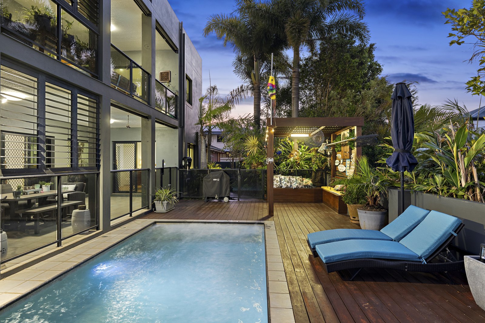 Pool and deck at dusk